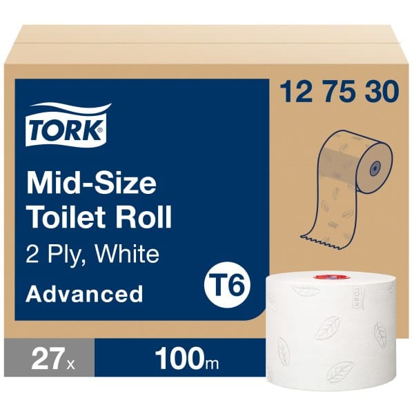 Tork Mid-size Toilet Paper Roll White T6, Advanced, 127530