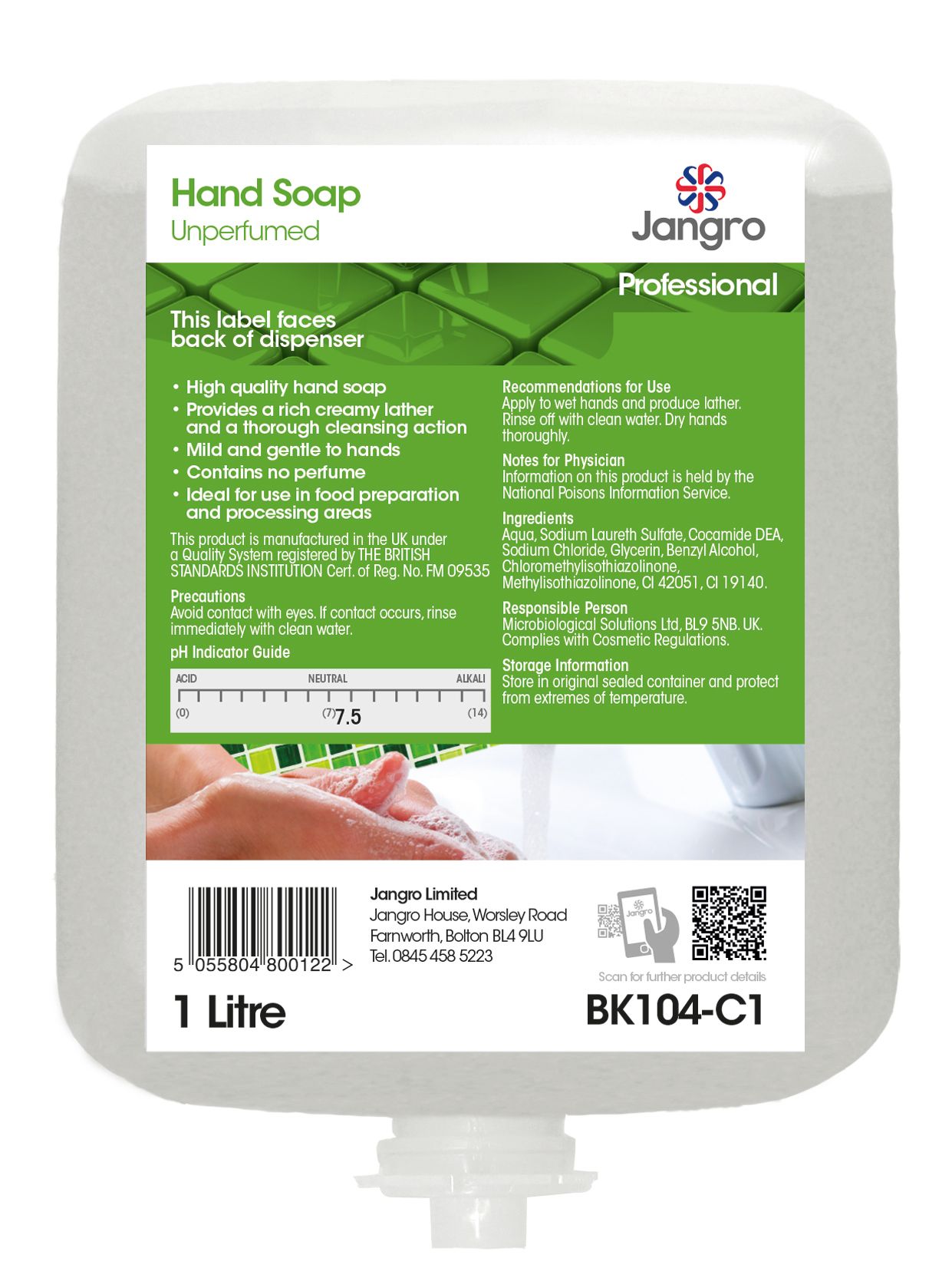 Jangro Hand Soap Unperfumed Cartridge 1 Litre